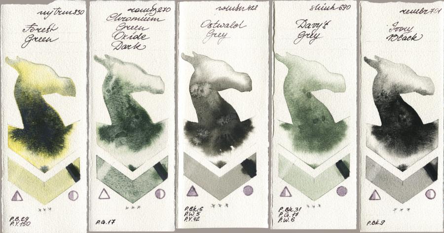 Mijello Mission Gold 830 Forest Green vs Roman Szmal Aquarius 270 Chromium Green Oxide Dark vs Winsor & Newton Professional 428 Ostwald Grey vs Shinhan PWC 690 Davys Grey vs Royal Talens Rembrandt Watercolour 701 Ivory Black watercolor swatch