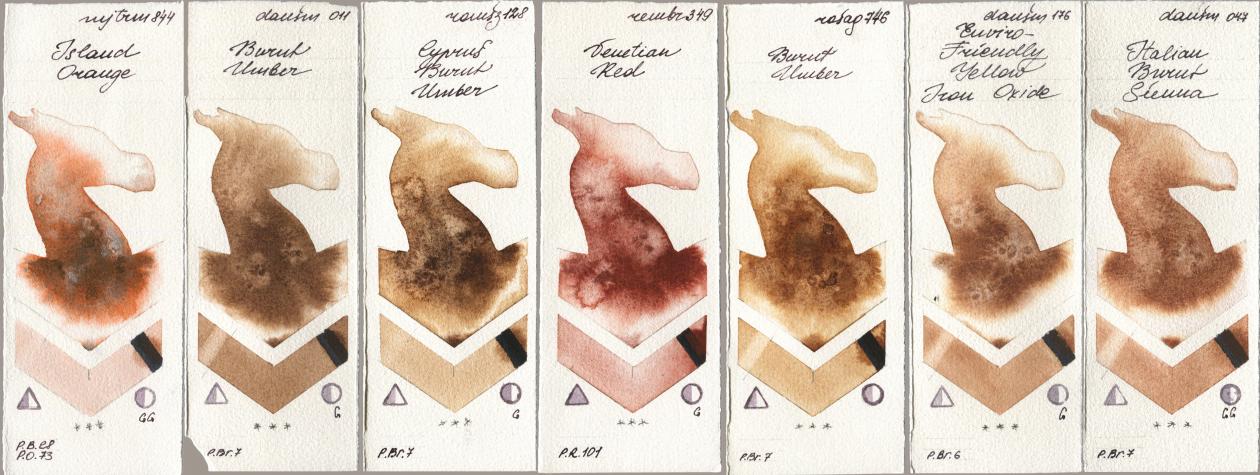 Mijello Mission Gold 844 Island Orange, Daniel Smith 011 Burnt Umber, Roman Szmal Aquarius 128 Cyprus Burnt Umber, Royal Talens Rembrandt Watercolour 349 Venerian Red, Rosa Gallery 746 Burnt Umber, 176 Enviro-Friendly Yellow Iron Oxide, 047 Italian Burnt Sien watercolor swatch