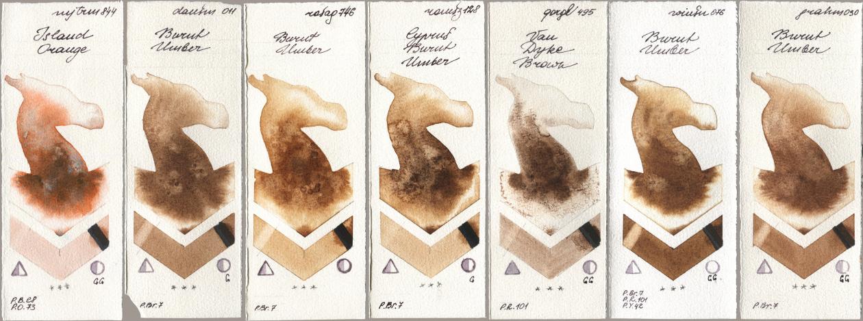 Mijello Mission Gold 844 Island Orange, Daniel Smith 011 Burnt Umber, Rosa Gallery 746 Burnt Umber, Roman Szmal Aquarius 128 Cyprus Burnt Umber, Golden QOR 495 Van Dyke Brown, Winsor & Newton Professional 076 Burnt Umber, M. Graham & Co. Artists 030 Burnt Umb watercolor swatch