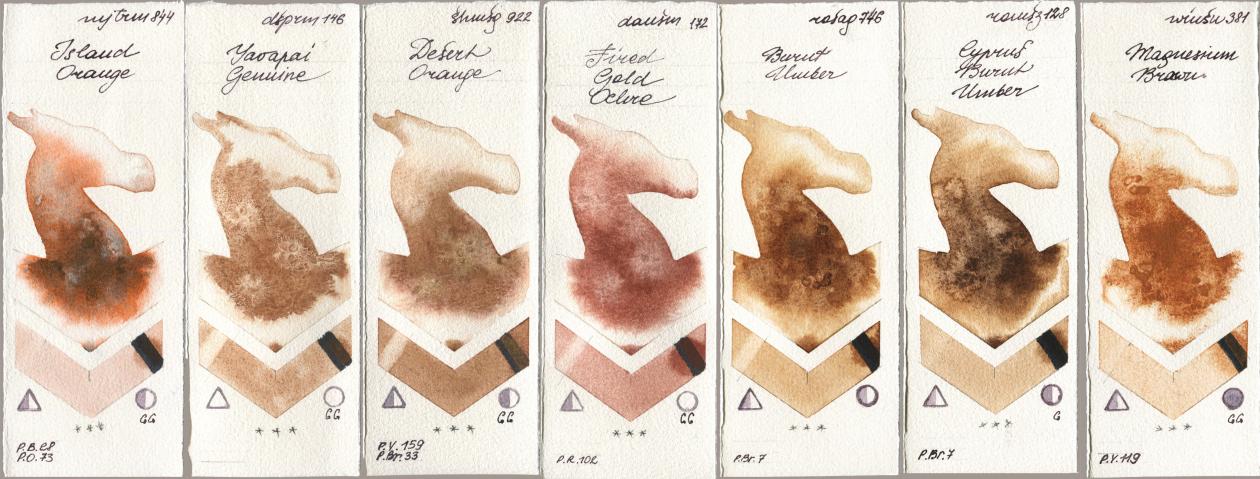Mijello Mission Gold 844 Island Orange, Daniel Smith 146 Yavapai Genuine, Shminke Horadam Aquarell 922 Desert Orange, 172 Fired Gold Ochre, Rosa Gallery 746 Burnt Umber, Roman Szmal Aquarius 128 Cyprus Burnt Umber, Winsor & Newton Professional 381 Magnesuim Bro watercolor swatch