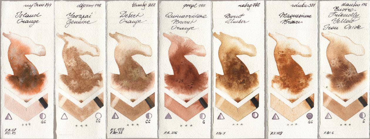 Mijello Mission Gold 844 Island Orange, Daniel Smith 146 Yavapai Genuine, Shminke Horadam Aquarell 922 Desert Orange, Golden QOR 165 Quinacridone Burnt Orange, Rosa Gallery 746 Burnt Umber, Winsor & Newton Professional 381 Magnesuim Brown, 176 Enviro-Friendly Yellow Iron Oxi watercolor swatch