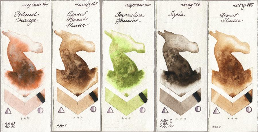 Mijello Mission Gold 844 Island Orange vs Roman Szmal Aquarius 128 Cyprus Burnt Umber vs Daniel Smith 190 Serpentine Genuine vs Rosa Gallery 720 Sepia vs 746 Burnt Umber watercolor swatch