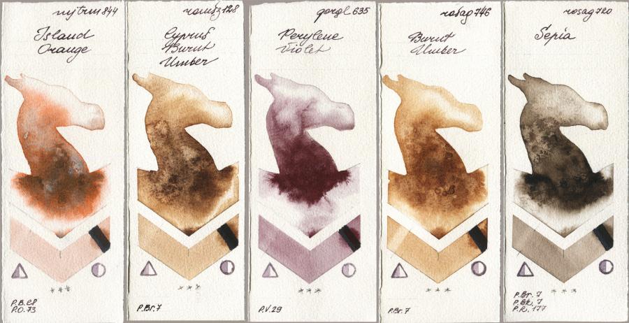 Mijello Mission Gold 844 Island Orange vs Roman Szmal Aquarius 128 Cyprus Burnt Umber vs Golden QOR 635 Perylene Violet vs Rosa Gallery 746 Burnt Umber vs 720 Sepia watercolor swatch