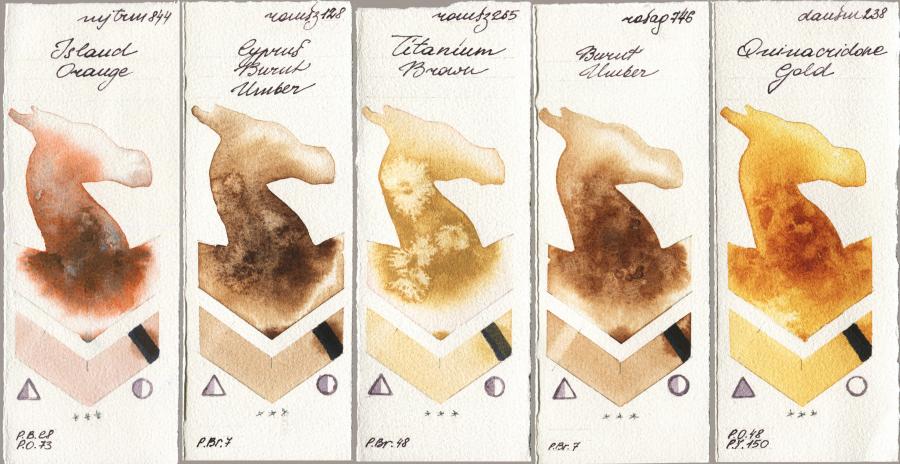 Mijello Mission Gold 844 Island Orange vs Roman Szmal Aquarius 128 Cyprus Burnt Umber vs 265 Titanium Brown vs Rosa Gallery 746 Burnt Umber vs Daniel Smith 238 Quinacridone Gold watercolor swatch