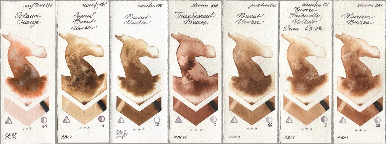 Mijello Mission Gold 844 Island Orange, Roman Szmal Aquarius 128 Cyprus Burnt Umber, Winsor & Newton Professional 076 Burnt Umber, Shminke Horadam Aquarell 648 Transparent Brown, M. Graham & Co. Artists 030 Burnt Umber, Daniel Smith 176 Enviro-Friendly Yellow Iron Oxide, 651 Maroon Bro watercolor swatch