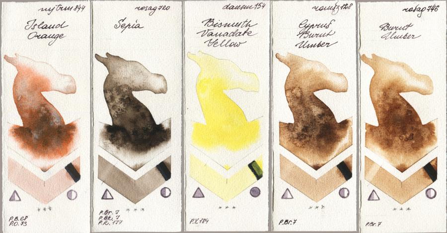 Mijello Mission Gold 844 Island Orange vs Rosa Gallery 720 Sepia vs Daniel Smith 154 Bismuth Vanadate Yellow vs Roman Szmal Aquarius 128 Cyprus Burnt Umber vs 746 Burnt Umber watercolor swatch