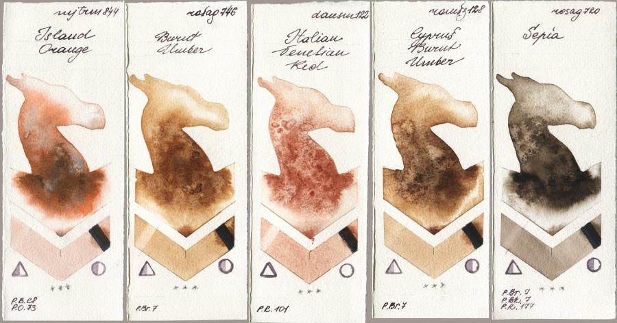 Mijello Mission Gold 844 Island Orange vs Rosa Gallery 746 Burnt Umber vs Daniel Smith 122 Italian Venetian Red vs Roman Szmal Aquarius 128 Cyprus Burnt Umber vs 720 Sepia watercolor swatch