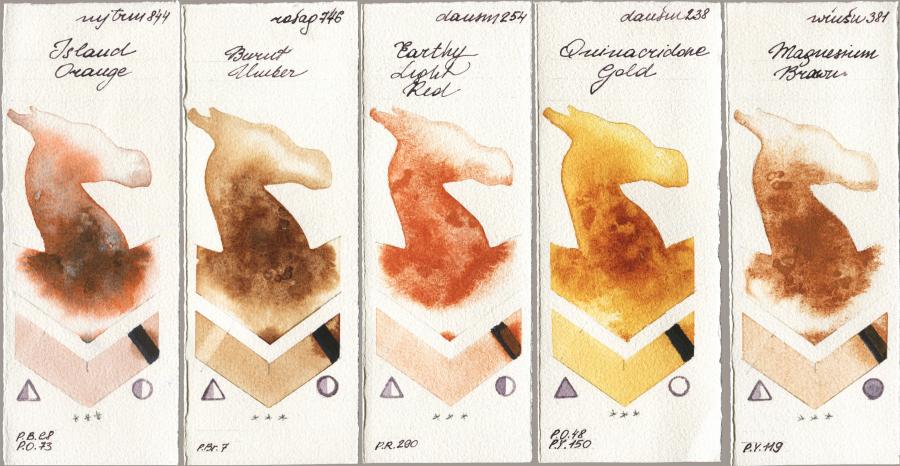 Mijello Mission Gold 844 Island Orange vs Rosa Gallery 746 Burnt Umber vs Daniel Smith 254 Earthy Light Red vs 238 Quinacridone Gold vs Winsor & Newton Professional 381 Magnesuim Brown watercolor swatch