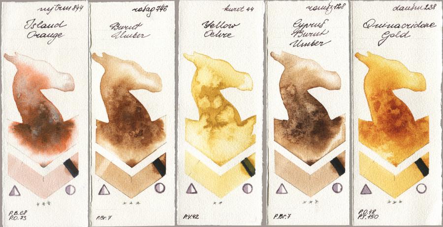 Mijello Mission Gold 844 Island Orange vs Rosa Gallery 746 Burnt Umber vs Kuretake Gansai Tambi 044 Yellow Ochre vs Roman Szmal Aquarius 128 Cyprus Burnt Umber vs Daniel Smith 238 Quinacridone Gold watercolor swatch