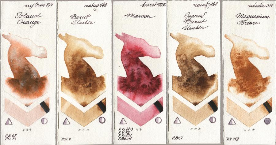 Mijello Mission Gold 844 Island Orange vs Rosa Gallery 746 Burnt Umber vs Kuretake Gansai Tambi 072 Maroon vs Roman Szmal Aquarius 128 Cyprus Burnt Umber vs Winsor & Newton Professional 381 Magnesuim Brown watercolor swatch