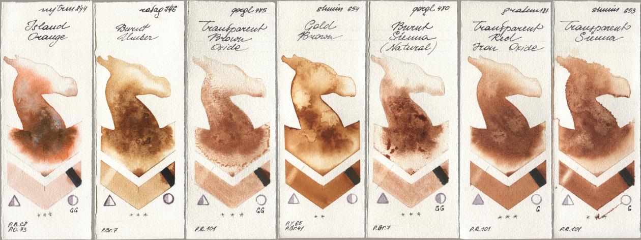 Mijello Mission Gold 844 Island Orange, Rosa Gallery 746 Burnt Umber, Golden QOR 475 Transparent Brown Oxide, Shminke Horadam Aquarell 654 Gold Brown, 470 Burnt Sienna (Natural), M. Graham & Co. Artists 187 Transparent Red Iron Oxide, 653 Transparent Sien watercolor swatch