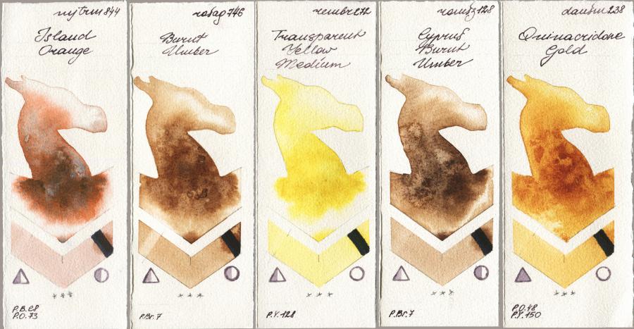Mijello Mission Gold 844 Island Orange vs Rosa Gallery 746 Burnt Umber vs Royal Talens Rembrandt Watercolour 272 Transparent Yellow Medium vs Roman Szmal Aquarius 128 Cyprus Burnt Umber vs Daniel Smith 238 Quinacridone Gold watercolor swatch