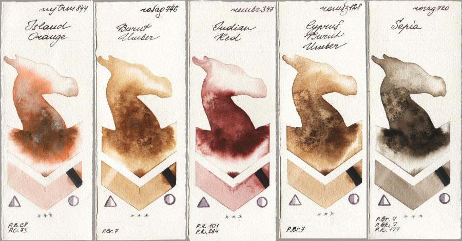 Mijello Mission Gold 844 Island Orange vs Rosa Gallery 746 Burnt Umber vs Royal Talens Rembrandt Watercolour 347 Indian Red vs Roman Szmal Aquarius 128 Cyprus Burnt Umber vs 720 Sepia watercolor swatch