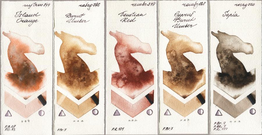 Mijello Mission Gold 844 Island Orange vs Rosa Gallery 746 Burnt Umber vs Royal Talens Rembrandt Watercolour 349 Venerian Red vs Roman Szmal Aquarius 128 Cyprus Burnt Umber vs 720 Sepia watercolor swatch