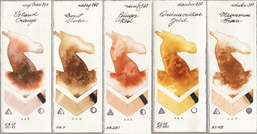 Mijello Mission Gold 844 Island Orange vs Rosa Gallery 746 Burnt Umber vs Roman Szmal Aquarius 368 Genger Red vs Daniel Smith 238 Quinacridone Gold vs Winsor & Newton Professional 381 Magnesuim Brown watercolor swatch