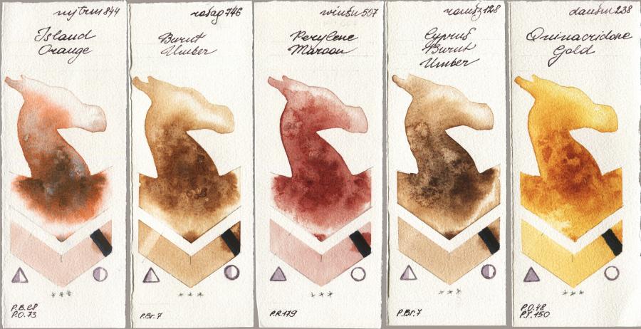 Mijello Mission Gold 844 Island Orange vs Rosa Gallery 746 Burnt Umber vs Winsor & Newton Professional 507 Perylene Maroon vs Roman Szmal Aquarius 128 Cyprus Burnt Umber vs Daniel Smith 238 Quinacridone Gold watercolor swatch
