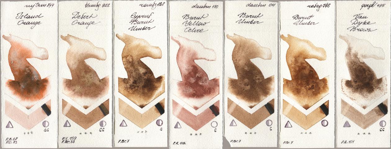 Mijello Mission Gold 844 Island Orange, Shminke Horadam Aquarell 922 Desert Orange, Roman Szmal Aquarius 128 Cyprus Burnt Umber, Daniel Smith 170 Burnt Yellow Ochre, 011 Burnt Umber, Rosa Gallery 746 Burnt Umber, Golden QOR 495 Van Dyke Bro watercolor swatch