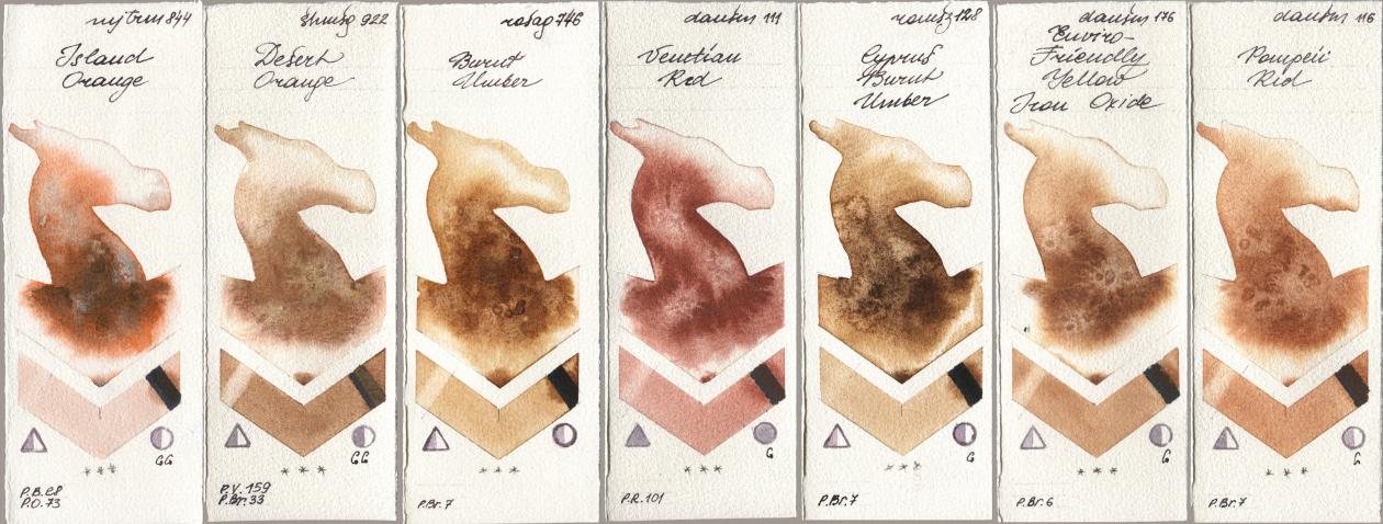 Mijello Mission Gold 844 Island Orange, Shminke Horadam Aquarell 922 Desert Orange, Rosa Gallery 746 Burnt Umber, Daniel Smith 111 Venetian Red, Roman Szmal Aquarius 128 Cyprus Burnt Umber, 176 Enviro-Friendly Yellow Iron Oxide, 116 Pompeii R watercolor swatch