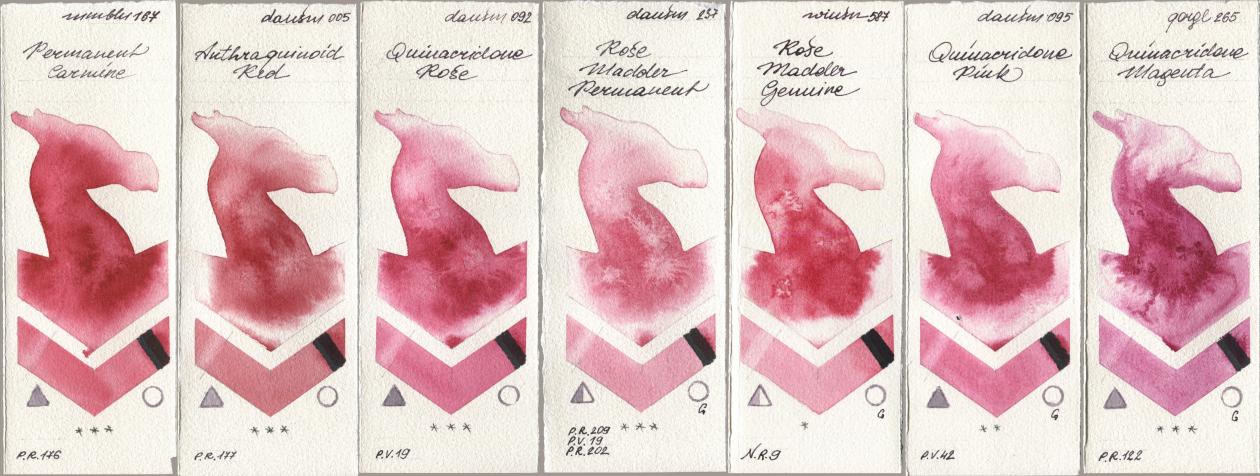 Maimeri Blu 167 Permanent Carmine, Daniel Smith 005 Anthraquinoid Red, 092 Quinacridone Rose, 237 Rose Madder Permanent, Winsor & Newton Professional 587 Rose Madder Genuine, 095 Quinacridone Pink, Golden QOR 265 Quinacridone Magen watercolor swatch