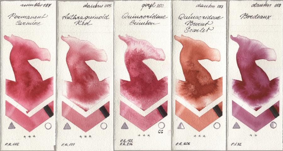 Maimeri Blu 167 Permanent Carmine, Daniel Smith 005 Anthraquinoid Red, Golden QOR 260 Quinacridone Crimson, 087 Quinacridone Burnt Scarlet, 008 Bordea watercolor swatch