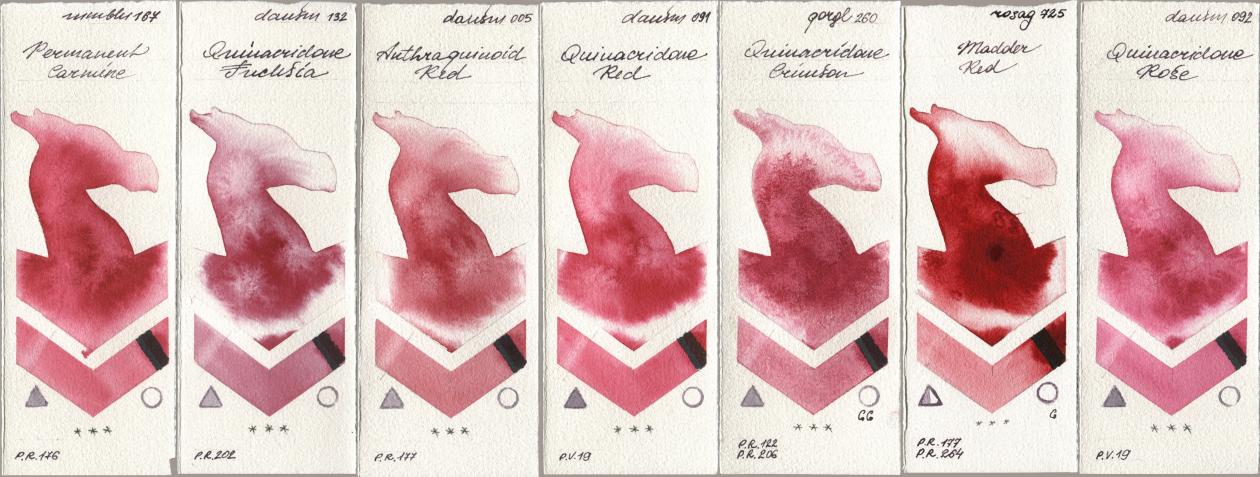 Maimeri Blu 167 Permanent Carmine, Daniel Smith 132 Quinacridone Fuchsia, 005 Anthraquinoid Red, 091 Quinacridone Red, Golden QOR 260 Quinacridone Crimson, Rosa Gallery 725 Madder Red, 092 Quinacridone Ro watercolor swatch