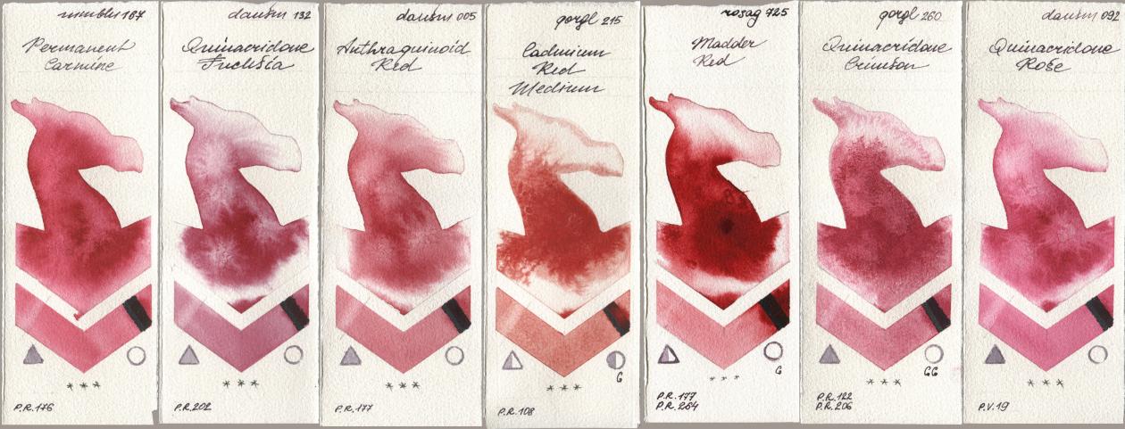 Maimeri Blu 167 Permanent Carmine, Daniel Smith 132 Quinacridone Fuchsia, 005 Anthraquinoid Red, Golden QOR 215 Cadmium Red Medium, Rosa Gallery 725 Madder Red, 260 Quinacridone Crimson, 092 Quinacridone Ro watercolor swatch