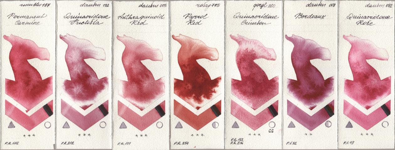 Maimeri Blu 167 Permanent Carmine, Daniel Smith 132 Quinacridone Fuchsia, 005 Anthraquinoid Red, Rosa Gallery 775 Pyrrole Red, Golden QOR 260 Quinacridone Crimson, 008 Bordeaux, 092 Quinacridone Ro watercolor swatch
