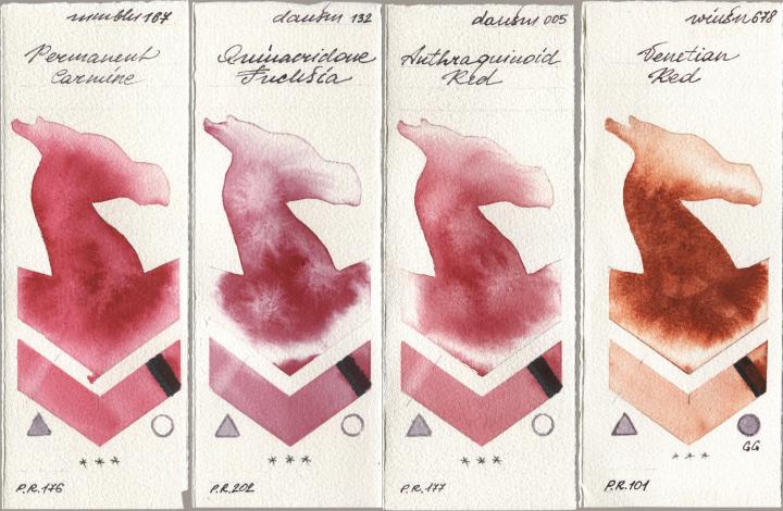 Maimeri Blu 167 Permanent Carmine, Daniel Smith 132 Quinacridone Fuchsia, 005 Anthraquinoid Red, Winsor & Newton Professional 678 Venetian R watercolor swatch