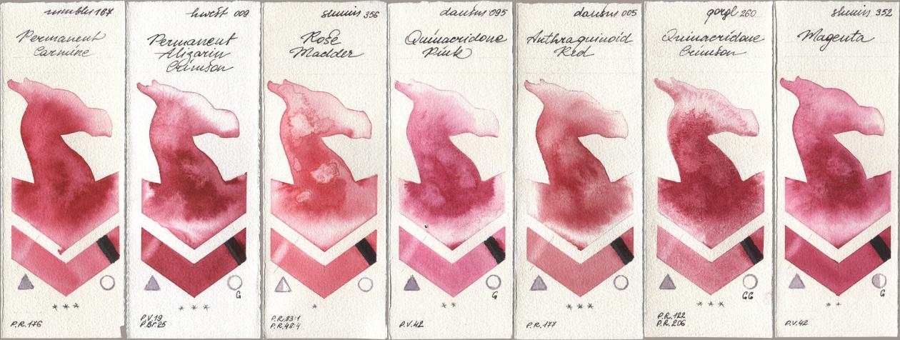 Maimeri Blu 167 Permanent Carmine, Holbein Artists Watercolor 009 Permanent Alizarin Crimson, Shminke Horadam Aquarell 356 Rose Madder, Daniel Smith 095 Quinacridone Pink, 005 Anthraquinoid Red, Golden QOR 260 Quinacridone Crimson, 352 Magen watercolor swatch