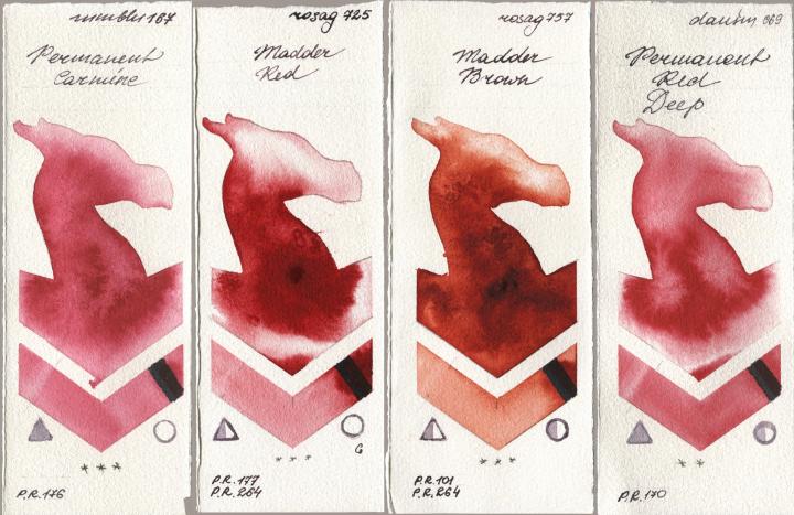 Maimeri Blu 167 Permanent Carmine, Rosa Gallery 725 Madder Red, 757 Madder Brown, Daniel Smith 069 Permanent Red De watercolor swatch