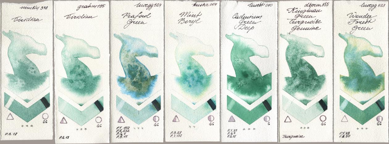 Maimeri Blu 348 Viridian, M. Graham & Co. Artists 195 Viridian, Holbein Artists Watercolor 524 Peafowl Green, Kusakabe 007 Mint Beryl, 070 Cadmium Green Deep, Daniel Smith 155 Kingman Green Turquoise Genuine, 523 Wonder Forest Gre watercolor swatch