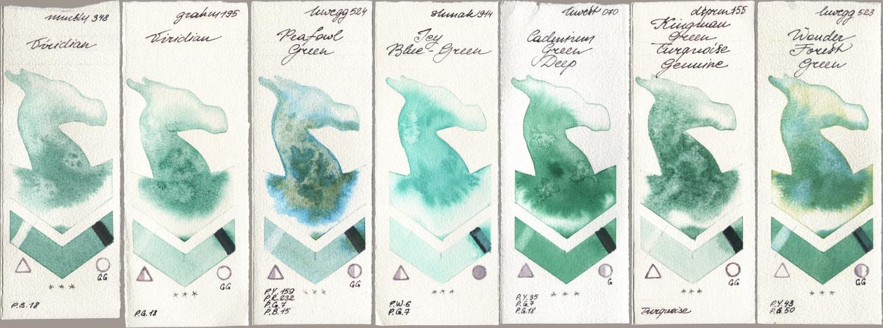 Maimeri Blu 348 Viridian, M. Graham & Co. Artists 195 Viridian, Holbein Artists Watercolor 524 Peafowl Green, Shminke Akademie Aquarell 914 Icy Blue-Green, 070 Cadmium Green Deep, Daniel Smith 155 Kingman Green Turquoise Genuine, 523 Wonder Forest Gre watercolor swatch
