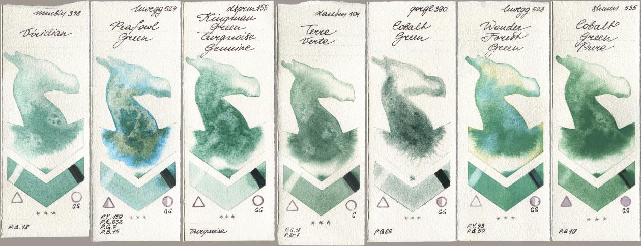 Maimeri Blu 348 Viridian, Holbein Artists Watercolor 524 Peafowl Green, Daniel Smith 155 Kingman Green Turquoise Genuine, 104 Terre Verte, Golden QOR 390 Cobalt Green, 523 Wonder Forest Green, Shminke Horadam Aquarell 535 Cobalt Green Pu watercolor swatch