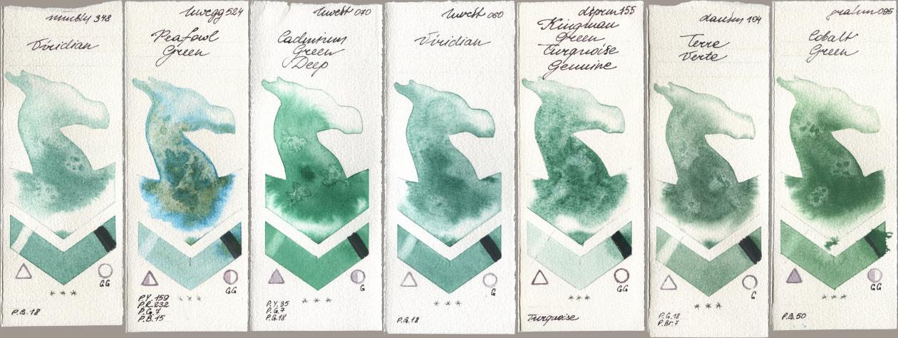 Maimeri Blu 348 Viridian, Holbein Artists Watercolor 524 Peafowl Green, 070 Cadmium Green Deep, 060 Viridian, Daniel Smith 155 Kingman Green Turquoise Genuine, 104 Terre Verte, M. Graham & Co. Artists 095 Cobalt Gre watercolor swatch