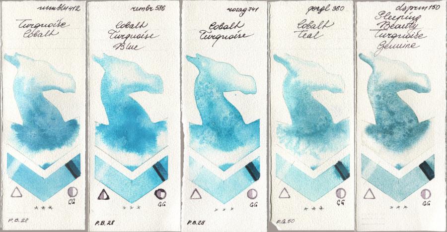 Maimeri Blu 412 Turquoise Cobalt, Royal Talens Rembrandt Watercolour 586 Cobalt Turquoise Blue, Rosa Gallery 741 Cobalt Turquoise, Golden QOR 360 Cobalt Teal, Daniel Smith 150 Sleeping Beauty Turquoise Genui watercolor swatch