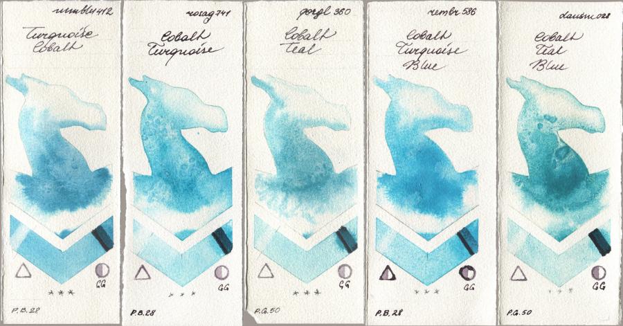 Maimeri Blu 412 Turquoise Cobalt, Rosa Gallery 741 Cobalt Turquoise, Golden QOR 360 Cobalt Teal, Royal Talens Rembrandt Watercolour 586 Cobalt Turquoise Blue, Daniel Smith 028 Cobalt Teal Bl watercolor swatch