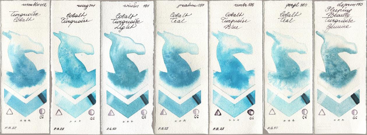 Maimeri Blu 412 Turquoise Cobalt, Rosa Gallery 741 Cobalt Turquoise, Winsor & Newton Professional 191 Cobalt Turquoise Light, M. Graham & Co. Artists 097 Cobalt Teal, Royal Talens Rembrandt Watercolour 586 Cobalt Turquoise Blue, Golden QOR 360 Cobalt Teal, Daniel Smith 150 Sleeping Beauty Turquoise Genui watercolor swatch