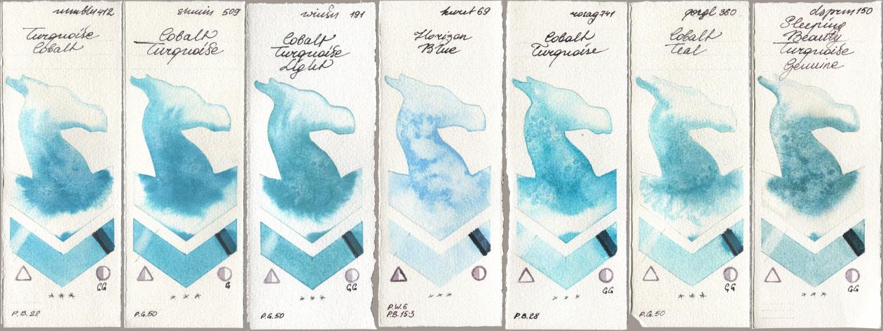 Maimeri Blu 412 Turquoise Cobalt, Shminke Horadam Aquarell 509 Cobalt Turquoise, Winsor & Newton Professional 191 Cobalt Turquoise Light, Kuretake Gansai Tambi 069 Horizon Blue, Rosa Gallery 741 Cobalt Turquoise, Golden QOR 360 Cobalt Teal, Daniel Smith 150 Sleeping Beauty Turquoise Genui watercolor swatch
