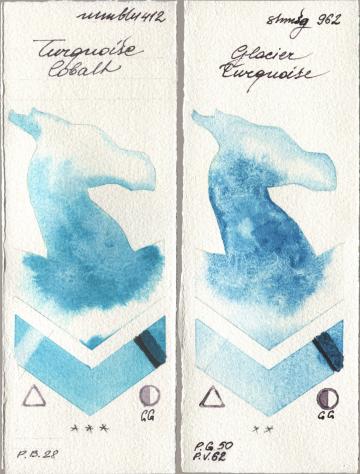 Maimeri Blu 412 Turquoise Cobalt, Shminke Horadam Aquarell 962 Glacier Turquoi watercolor swatch