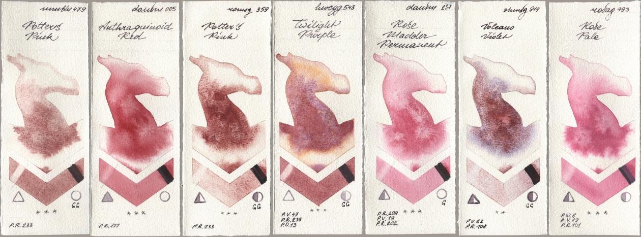 Maimeri Blu 479 Potters Pink, Daniel Smith 005 Anthraquinoid Red, Roman Szmal Aquarius 359 Potters Pink, Holbein Artists Watercolor 543 Twilight Purple, 237 Rose Madder Permanent, Shminke Horadam Aquarell 914 Volcano Violet, Rosa Gallery 793 Rose Pa watercolor swatch