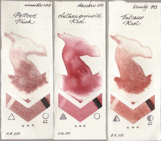 Maimeri Blu 479 Potters Pink, Daniel Smith 005 Anthraquinoid Red, Shminke Horadam Aquarell 913 Volcano R watercolor swatch