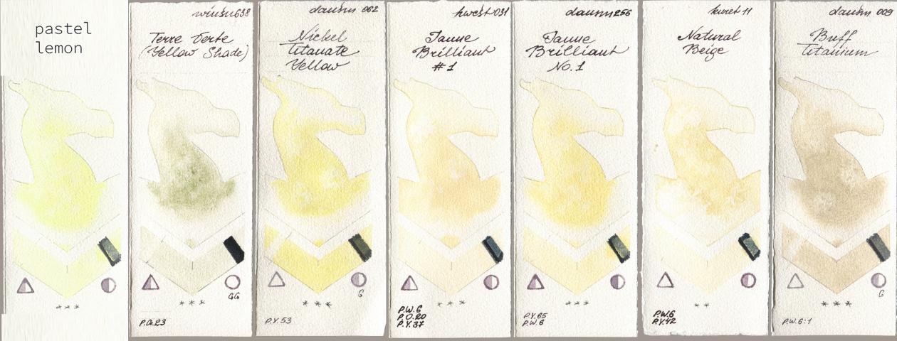 my 023 pastel lemon, Winsor & Newton Professional 638 Terre Verte (Yellow Shade), Daniel Smith 062 Nickel Titanate Yellow, Holbein Artists Watercolor 031 Jaune Brilliant No 1, 256 Jaune Brilliant No 1, Kuretake Gansai Tambi 011 Natural Beige, 009 Buff Titani watercolor swatch