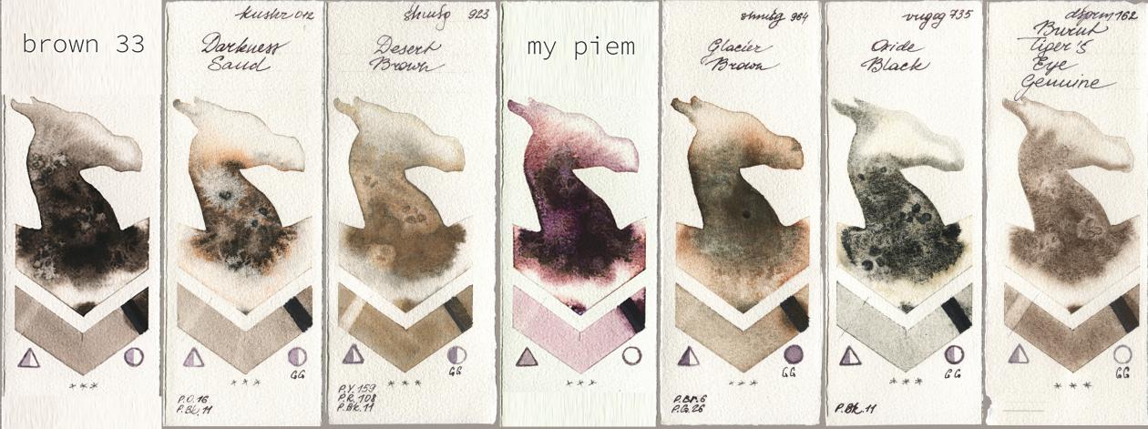 my 033 brown33, Kusakabe 012 Darkness Sand, Shminke Horadam Aquarell 923 Desert Brown, 191 piem, 964 Glacier Brown, Royal Talens Van Gogh Watercolour 735 Oxide Black, Daniel Smith 162 Burnt Tigers Eye Genui watercolor swatch
