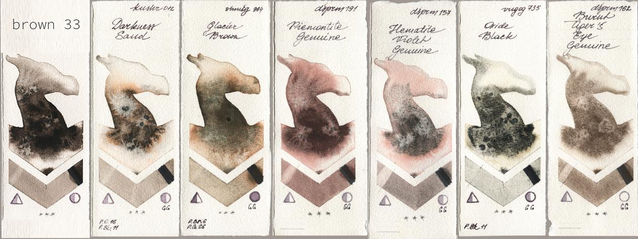 my 033 brown33, Kusakabe 012 Darkness Sand, Shminke Horadam Aquarell 964 Glacier Brown, Daniel Smith 191 Piemontite Genuine, 157 Hematite Violet Genuine, Royal Talens Van Gogh Watercolour 735 Oxide Black, 162 Burnt Tigers Eye Genui watercolor swatch
