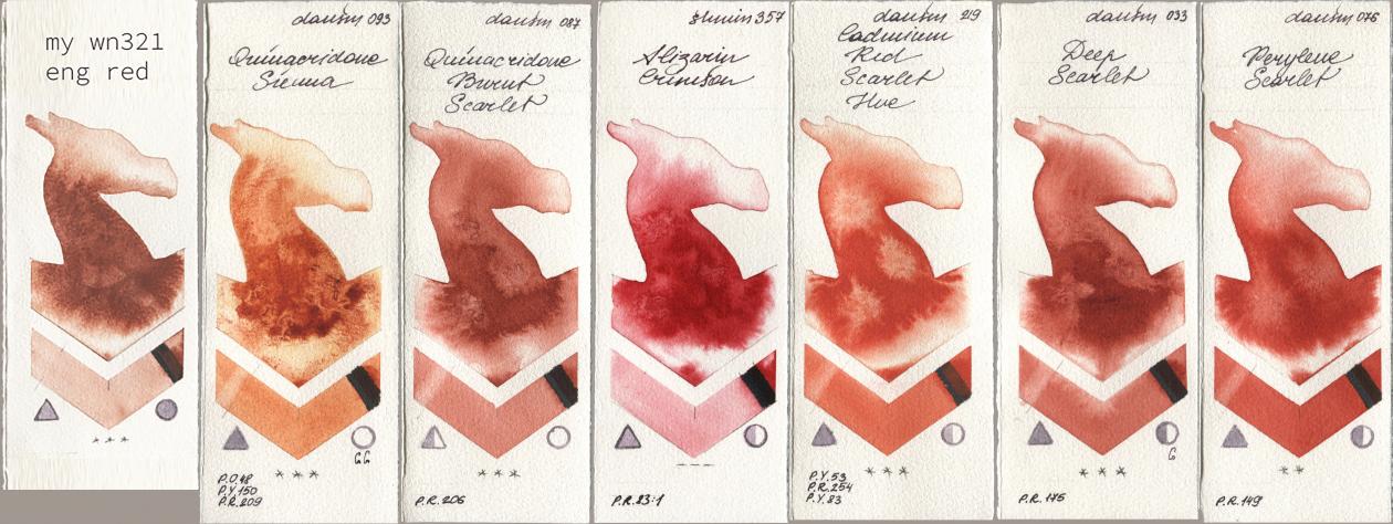 my 034 eng red, Daniel Smith 093 Quinacridone Sienna, 087 Quinacridone Burnt Scarlet, Shminke Horadam Aquarell 357 Alizarin Crimson, 219 Cadmium Red Scarlet Hue, 033 Deep Scarlet, 076 Perylene Scarl watercolor swatch