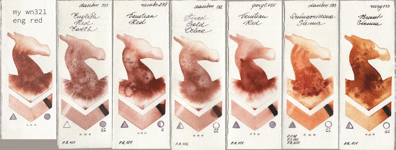 my 034 eng red, Daniel Smith 137 English Red Earth, Royal Talens Rembrandt Watercolour 349 Venerian Red, 172 Fired Gold Ochre, Golden QOR 465 Venetian Red, 093 Quinacridone Sienna, Rosa Gallery 733 Burnt Sien watercolor swatch