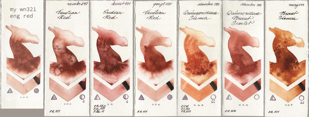 my 034 eng red, Royal Talens Rembrandt Watercolour 349 Venerian Red, Kuretake Gansai Tambi 071 Indian Red, Golden QOR 465 Venetian Red, Daniel Smith 093 Quinacridone Sienna, 087 Quinacridone Burnt Scarlet, Rosa Gallery 733 Burnt Sien watercolor swatch