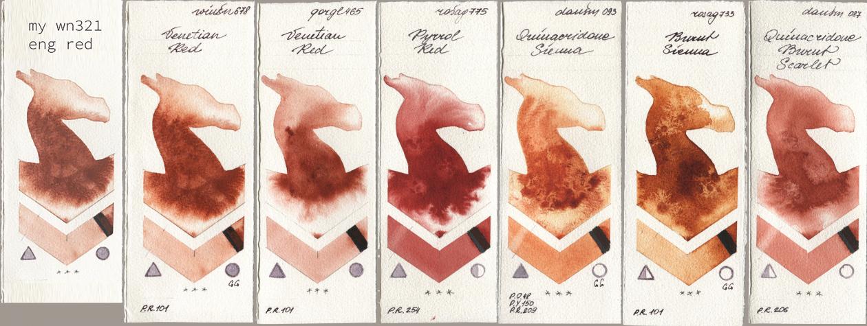 my 034 eng red, Winsor & Newton Professional 678 Venetian Red, Golden QOR 465 Venetian Red, Rosa Gallery 775 Pyrrole Red, Daniel Smith 093 Quinacridone Sienna, 733 Burnt Sienna, 087 Quinacridone Burnt Scarl watercolor swatch