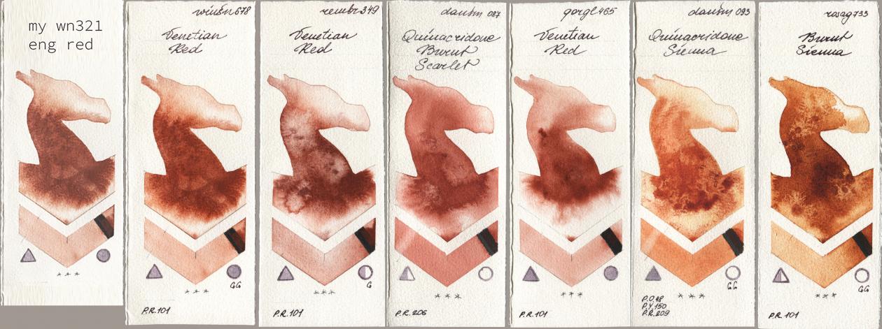 my 034 eng red, Winsor & Newton Professional 678 Venetian Red, Royal Talens Rembrandt Watercolour 349 Venerian Red, Daniel Smith 087 Quinacridone Burnt Scarlet, Golden QOR 465 Venetian Red, 093 Quinacridone Sienna, Rosa Gallery 733 Burnt Sien watercolor swatch