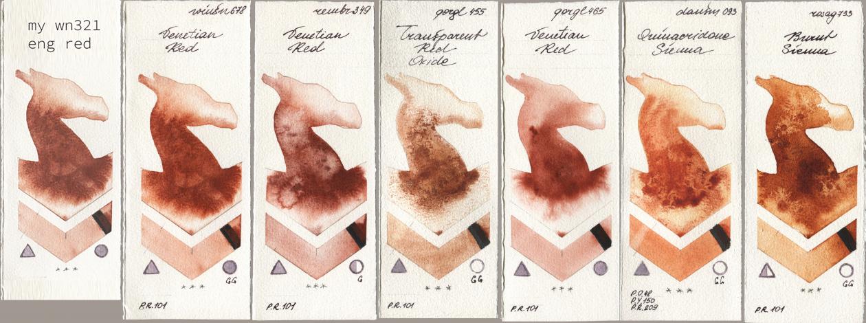 my 034 eng red, Winsor & Newton Professional 678 Venetian Red, Royal Talens Rembrandt Watercolour 349 Venerian Red, Golden QOR 455 Transparent Red Oxide, 465 Venetian Red, Daniel Smith 093 Quinacridone Sienna, Rosa Gallery 733 Burnt Sien watercolor swatch